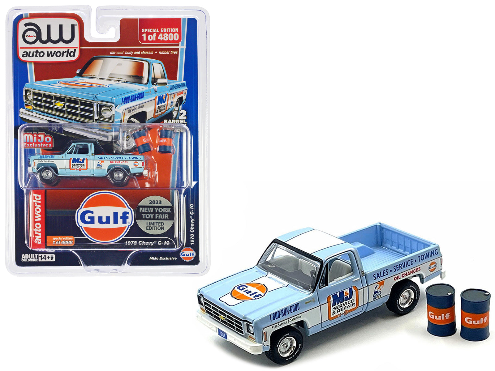 Brand new 1/64 scale diecast car model of 1978 Chevrolet C10 Pickup Truck Light Blue with White Stripes Gulf Oil - M&amp;J Service Repair wi