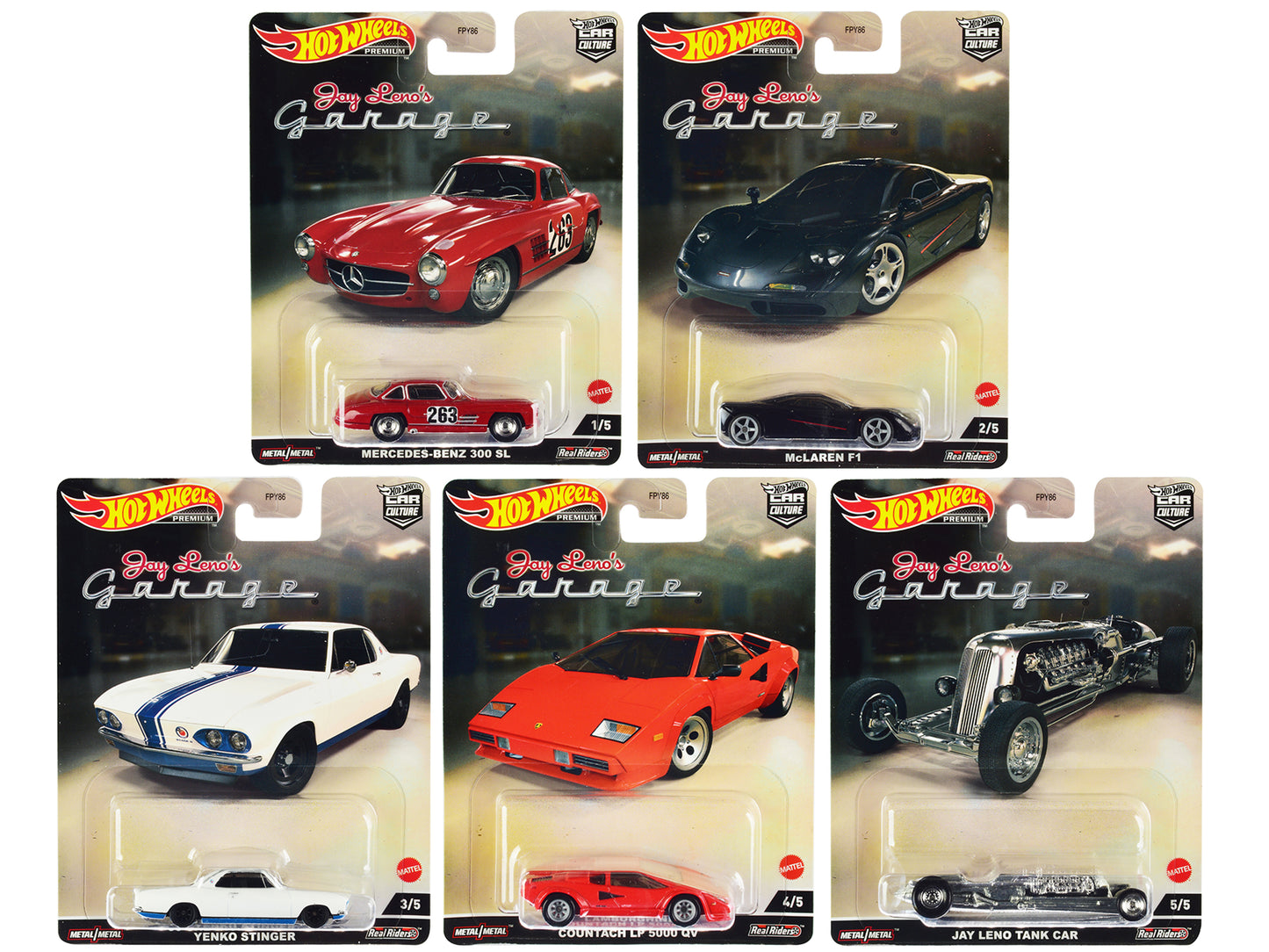 Brand new diecast car models of "Jay Leno's Garage" 5 piece Set "Car Culture" Series die cast model cars by Hot Wheels.
