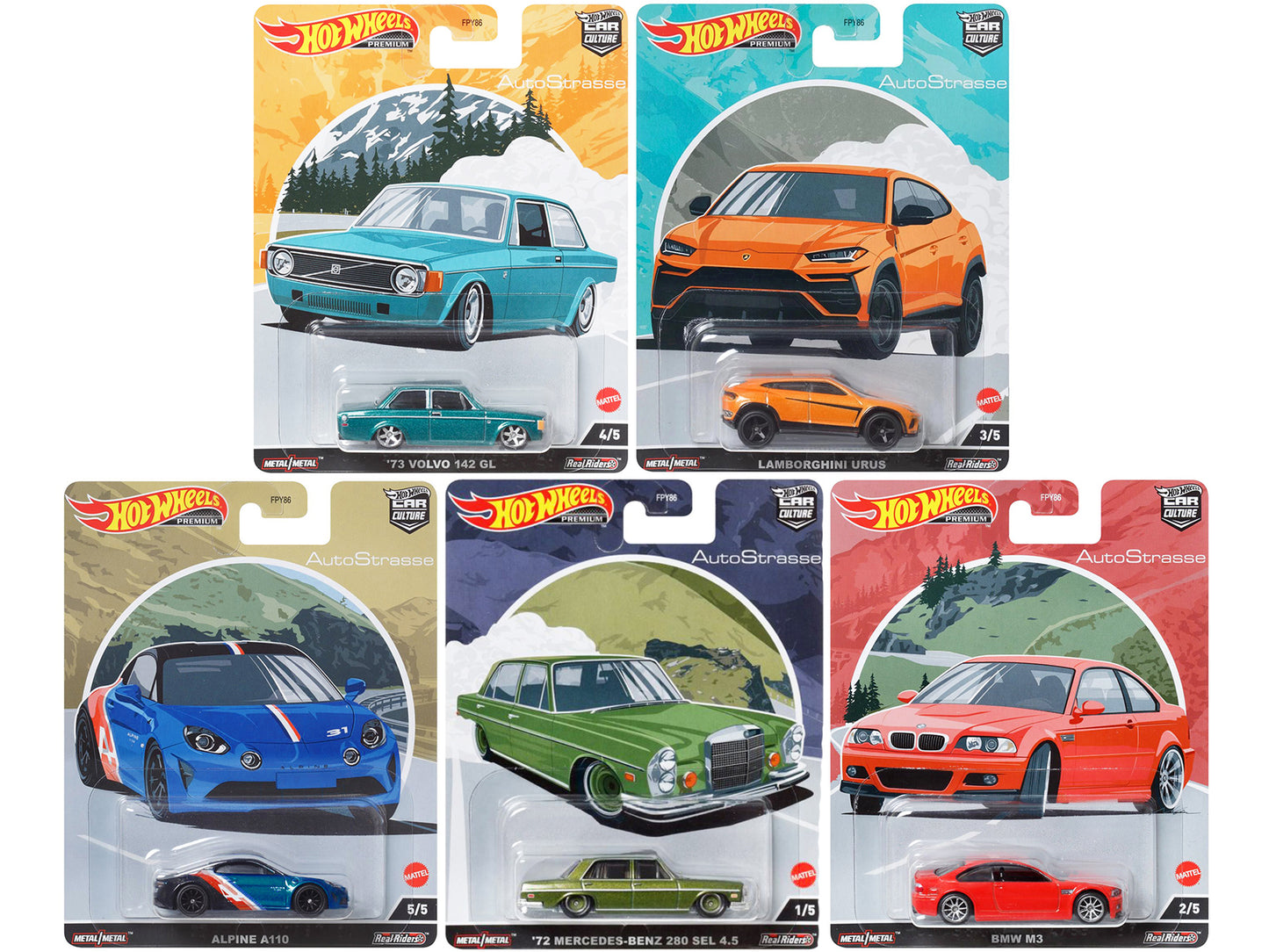 Brand new diecast car models of "Auto Strasse" 5 piece Set "Car Culture" Series die cast model cars by Hot Wheels.
Bran