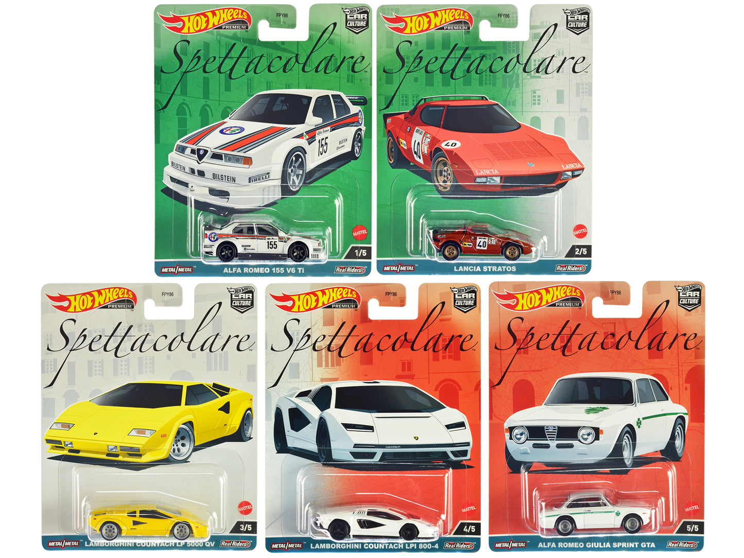 Brand new diecast car models of "Spettacolare" 5 piece Set "Car Culture" Series die cast model cars by Hot Wheels.
Bran