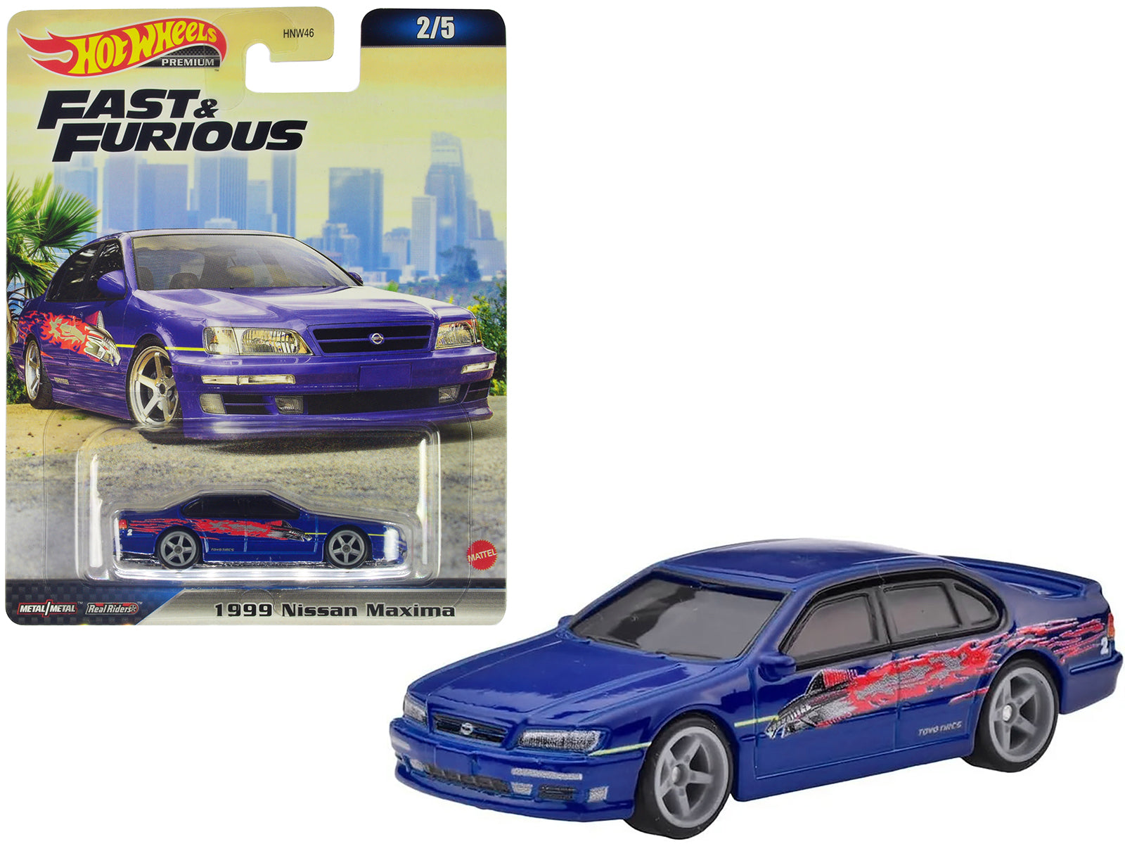 Brand new diecast car model of 1999 Nissan Maxima Blue Metallic with Graphics The Fast and The Furious 2001 Movie Fast Furious Series die ca