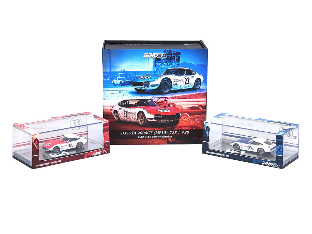 Brand new 1/64 scale diecast car model of Toyota 2000GT (MF10) #23 Dave Jordan and Toyota 2000GT (MF10) #33 Scooter Patr