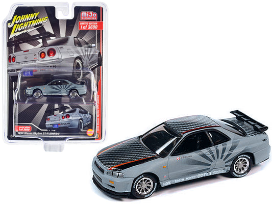 Brand new 1/64 scale diecast car model of 1999 Nissan Skyline GT-R BNR34 RHD Right Hand Drive Matt Gray and Carbon Top with Rising Sun Graph
