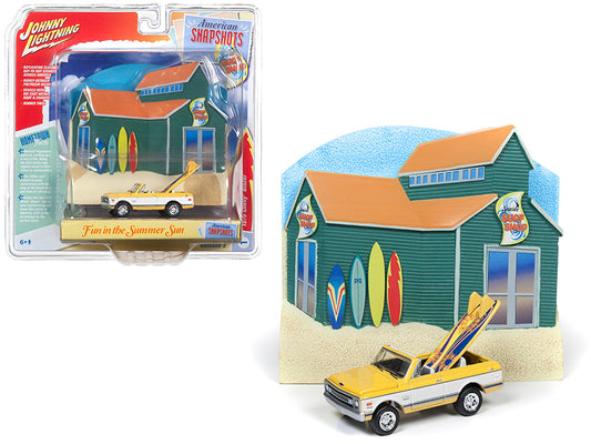 Brand new 1/64 scale diecast car model of 1970 Chevrolet Blazer Convertible Pickup Truck Yellow and White with Surf Boards and Surf Shop Fro