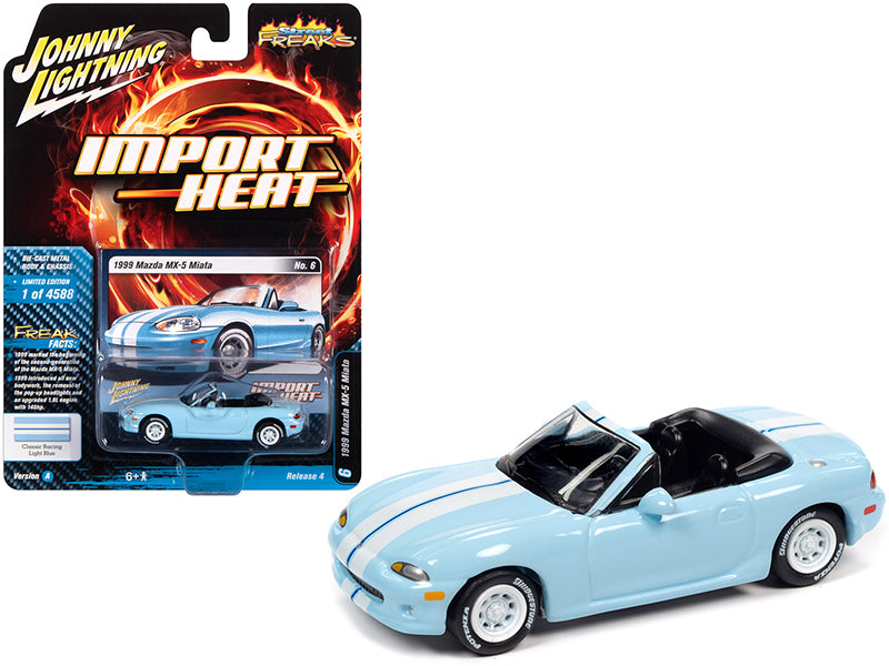 Brand new 1/64 scale diecast car model of 1999 Mazda MX-5 Miata Convertible Light Blue with White Stripes Import Heat Limited Edition to 458