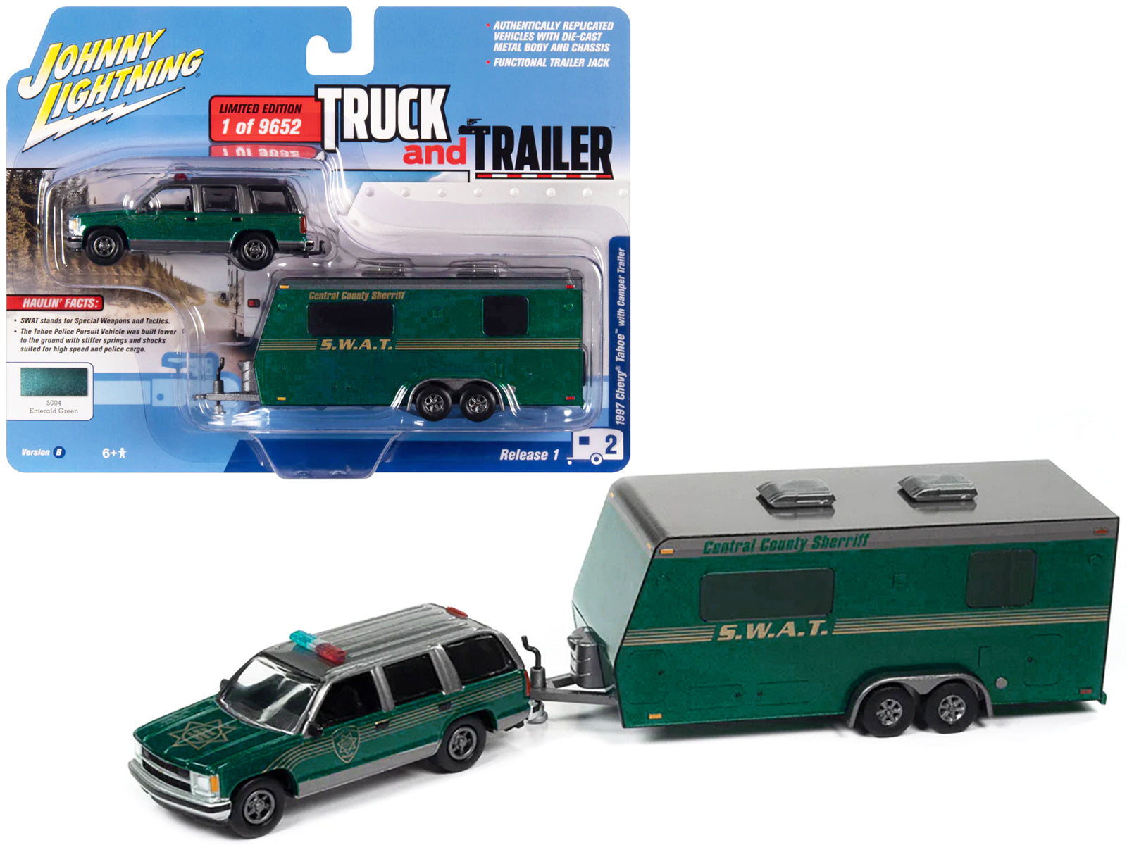 Brand new 1/64 scale diecast car model of 1997 Chevrolet Tahoe Central County Sheriff Emerald Green and Gray with SWAT Camper Trailer Limite