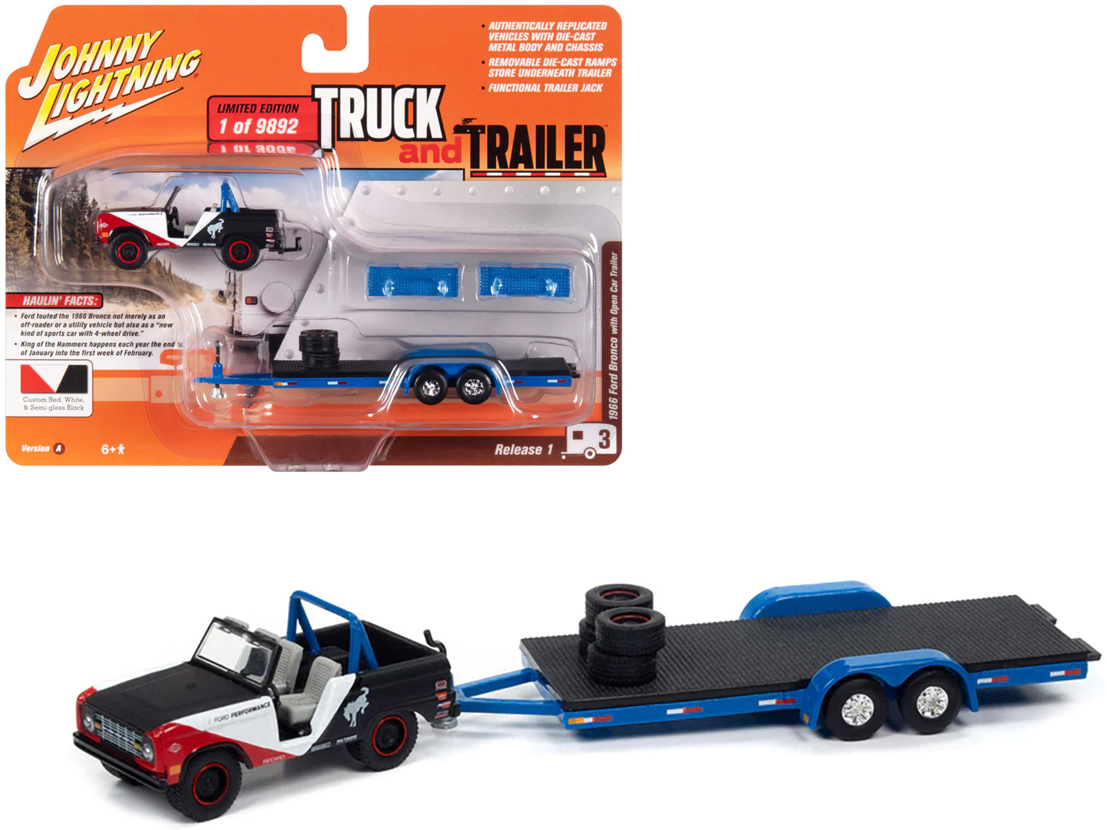 Brand new 1/64 scale diecast car model of 1966 Ford Bronco Ford Performance Black with Red and White Accents with Open Trailer Limited Editi