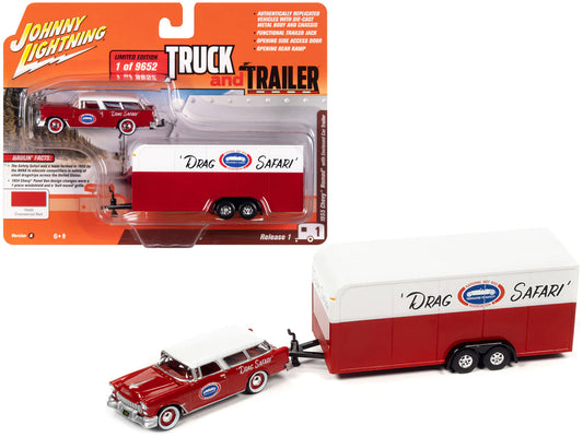Brand new 1/64 scale diecast car model of 1955 Chevrolet Nomad NHRA Drag Safari Commercial Red with White Top with Enclosed Car Trailer Limi