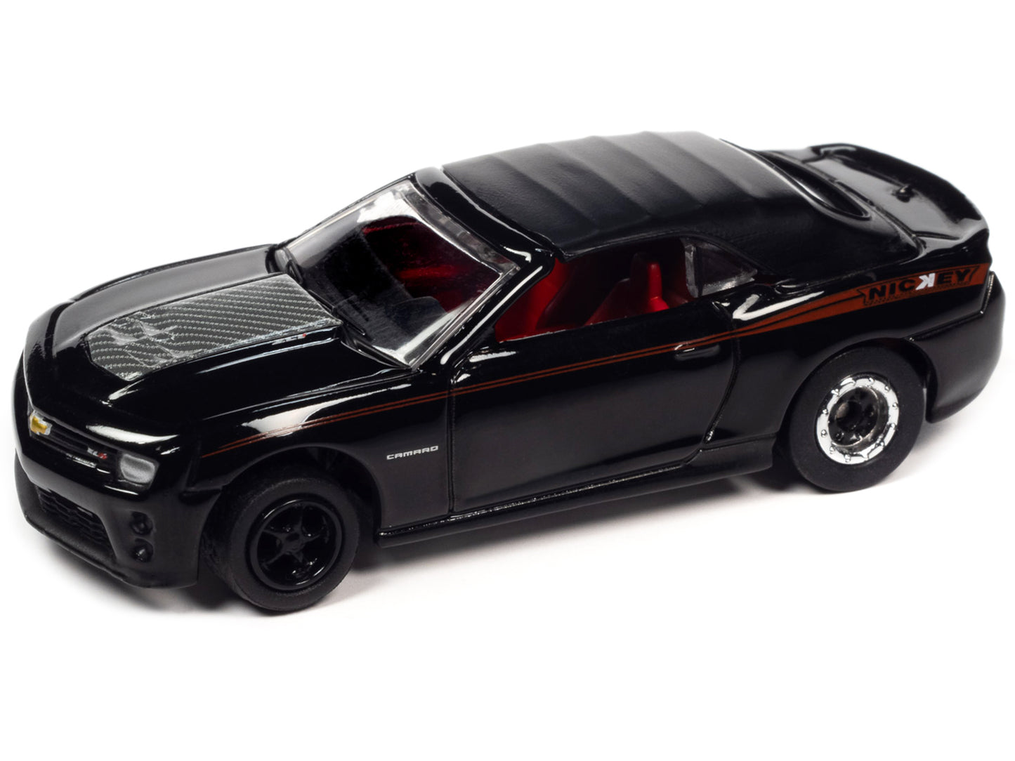 Brand new 1/64 scale diecast car models of 1969 Chevrolet Camaro SS Red with Black Stripes and 2013 Chevrolet Camaro ZL1 Convertible Black w