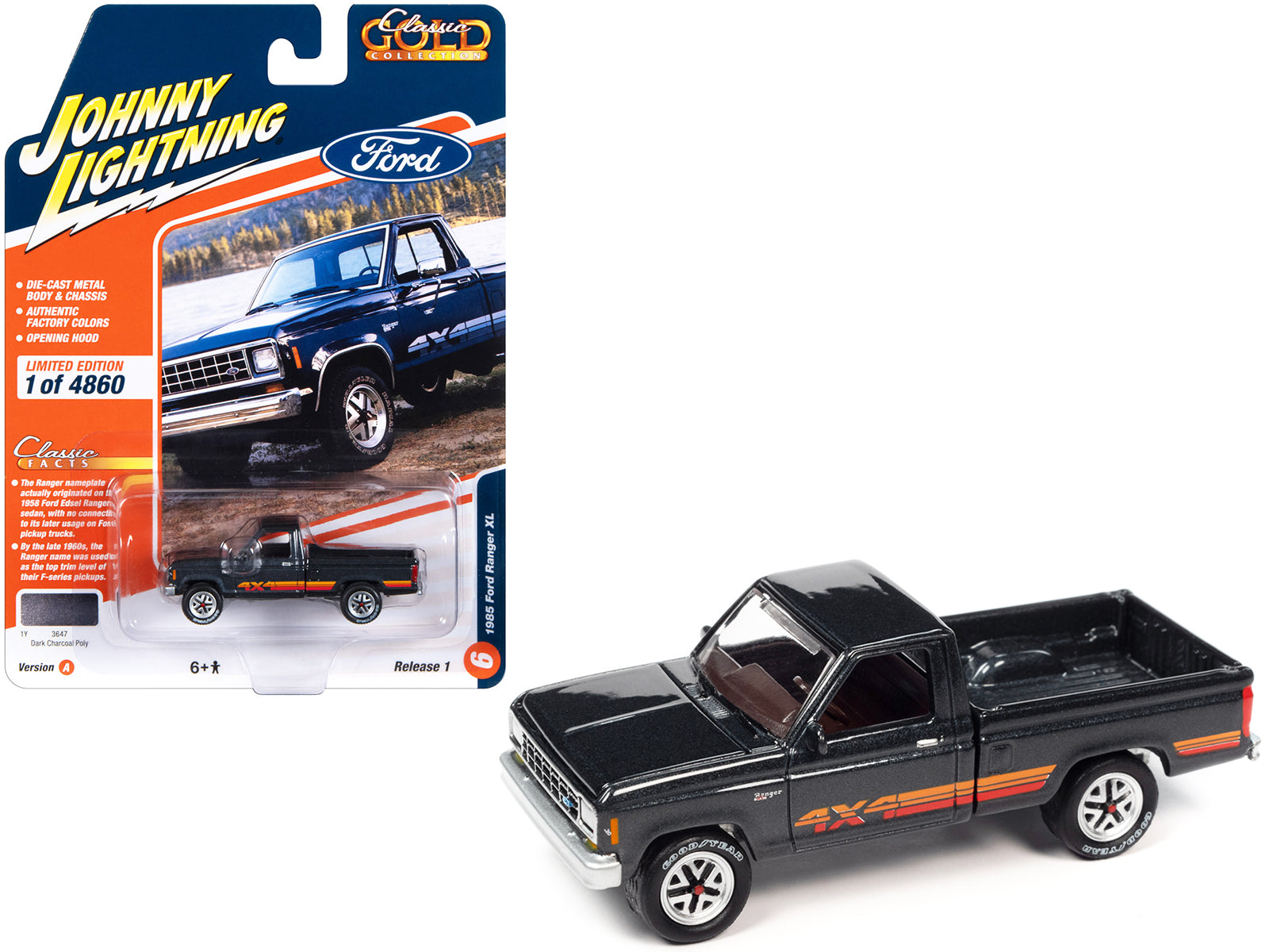 Brand new 1/64 scale diecast car model of 1985 Ford Ranger XL Pickup Truck Dark Charcoal Metallic with Stripes Classic Gold Collection 2023 