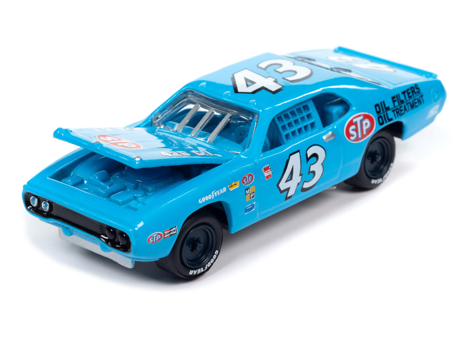 Brand new 1/64 scale diecast car model of 1972 Plymouth Road Runner Stock Car #43 Richard Petty STP Blue Pop Culture 2023 Release 3 die cast