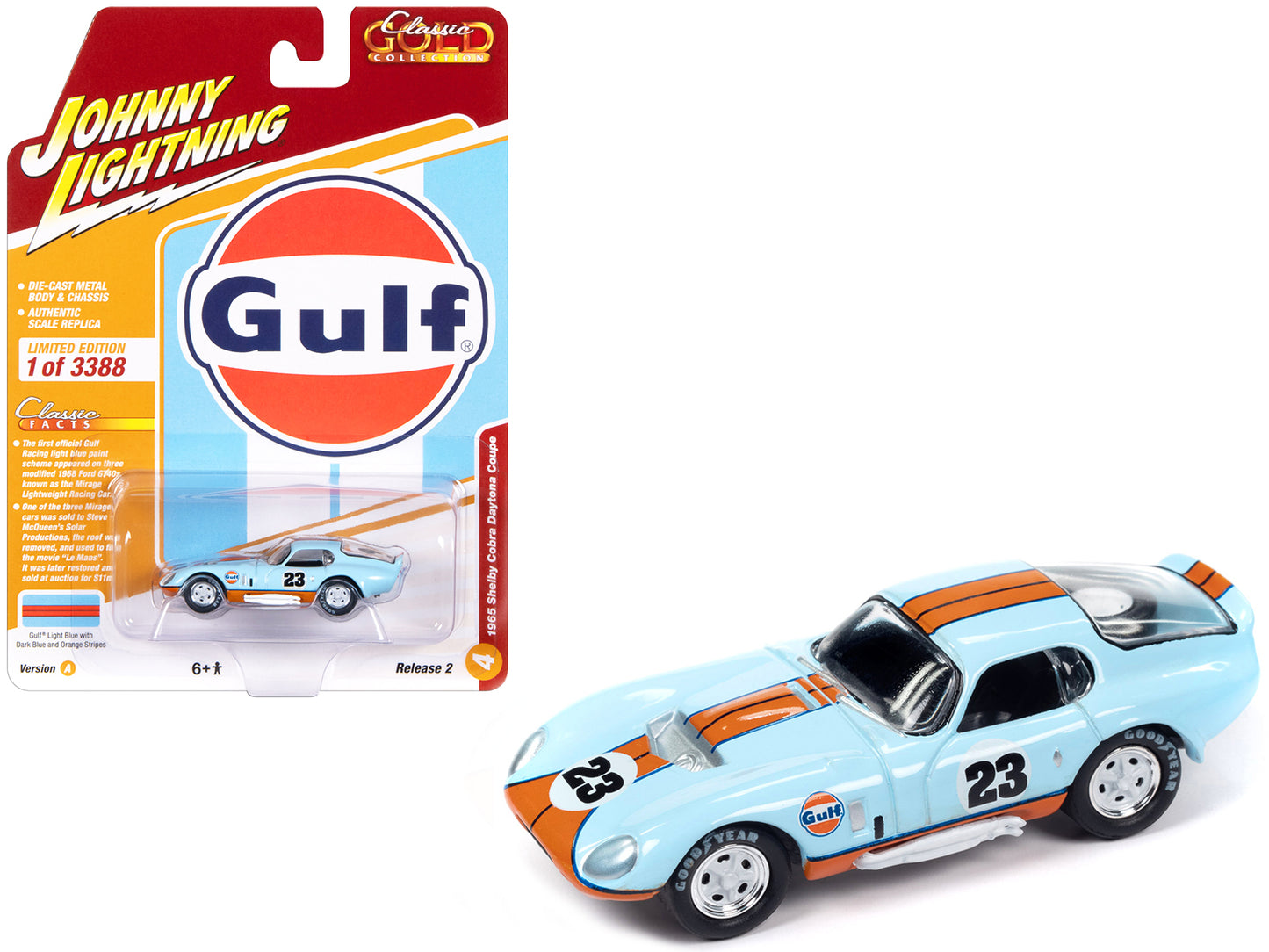Brand new 1/64 scale diecast car model of 1965 Shelby Cobra Daytona Coupe #23 Light Blue with Orange Stripes Gulf Oil Classic Gold Collectio