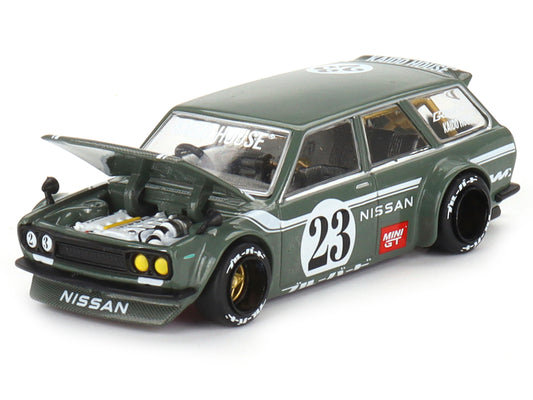 Brand new 1/64 scale diecast car model of Datsun 510 Wagon V3 RHD Right Hand Drive Dark Green with Green Carbon Hood and Rear Gate Designed 