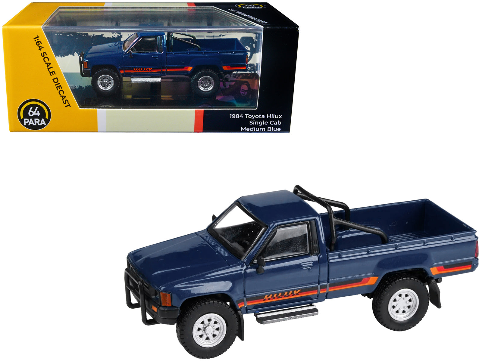 Brand new 1/64 scale diecast car model of 1984 Toyota Hilux Single Cab Pickup Truck Medium Blue with Stripes die cast mo