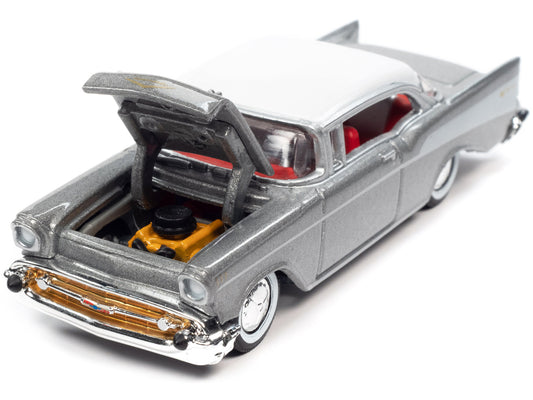 Brand new 1/64 scale diecast car model of 1957 Chevrolet Bel Air Hardtop Silver Metallic with White Top Racing Champions Mint 2022 Release 2