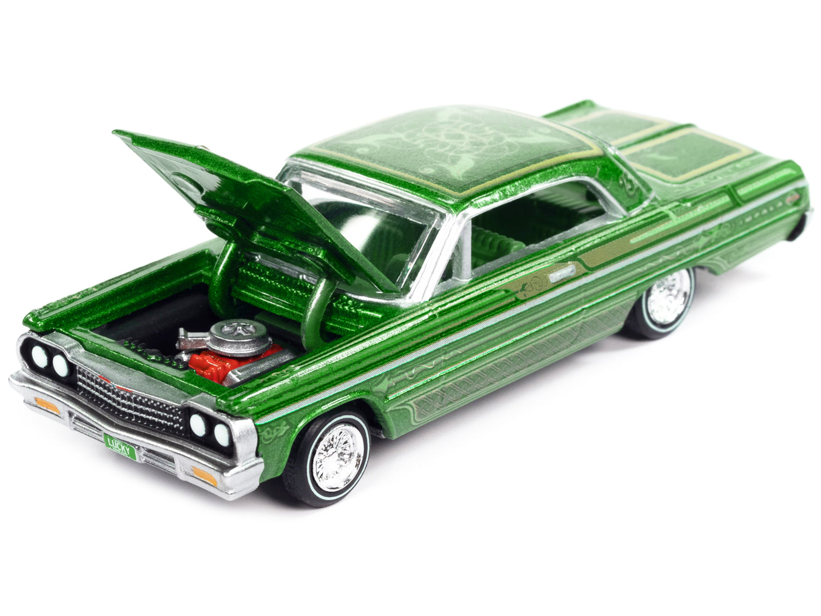 Brand new 1/64 scale diecast car model of 1964 Chevrolet Impala Lowrider Green Metallic with Graphics and Green Interior Racing Champions Mi