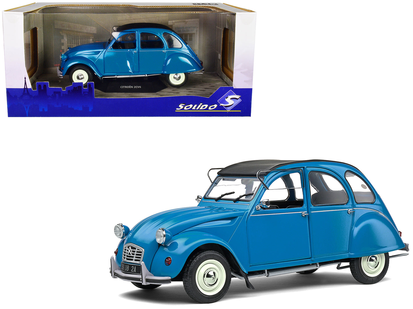 Brand new 1/18 scale diecast car model of 1982 Citroen 2CV6 Petrol Blue with Matt Black Top die cast model car by Solido.
Brand new box.
R
