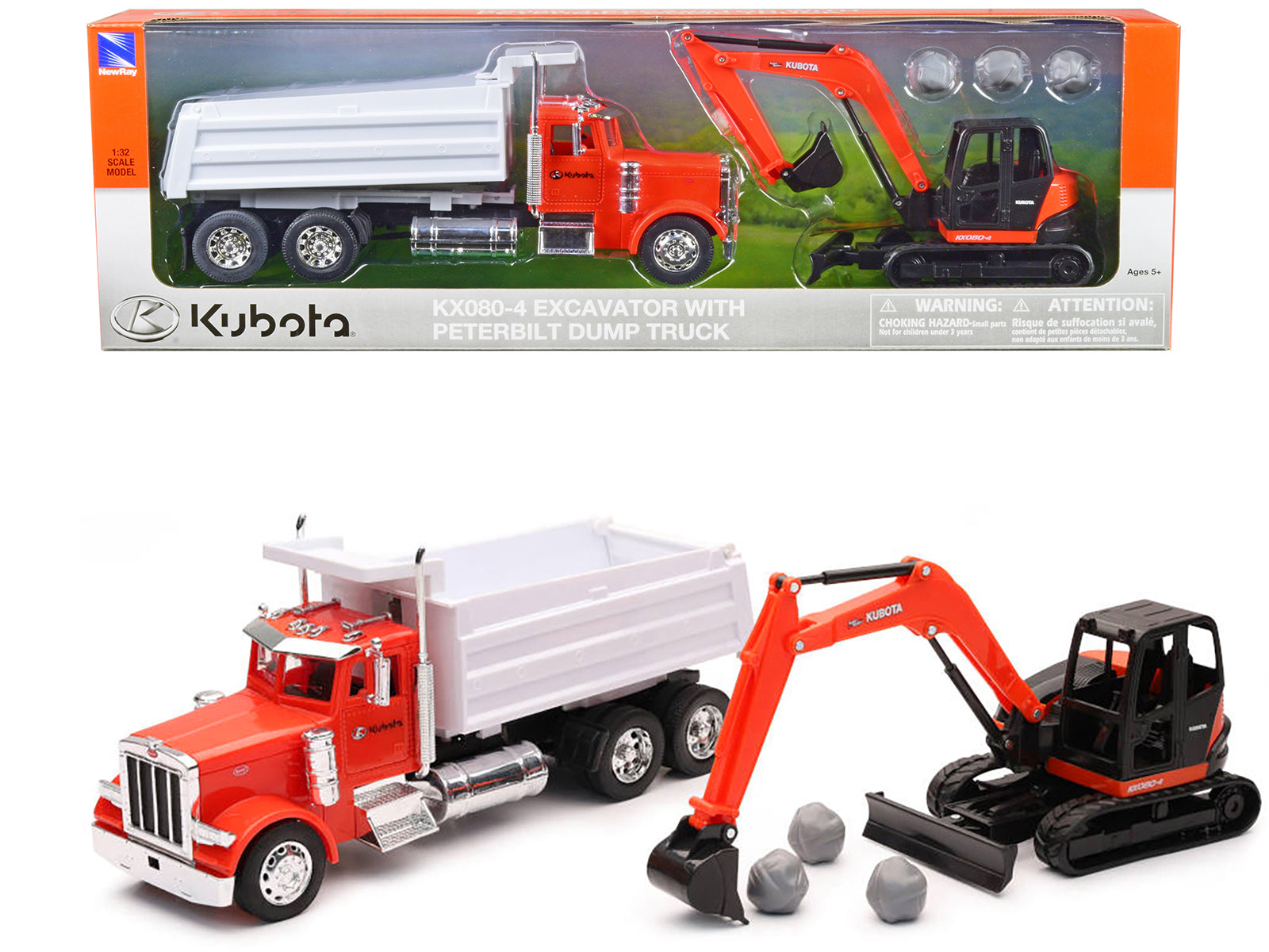 Brand new 1/32 scale diecast model of Peterbilt Dump Truck Orange and White and Kubota KX080-4 Excavator Orange and Blac