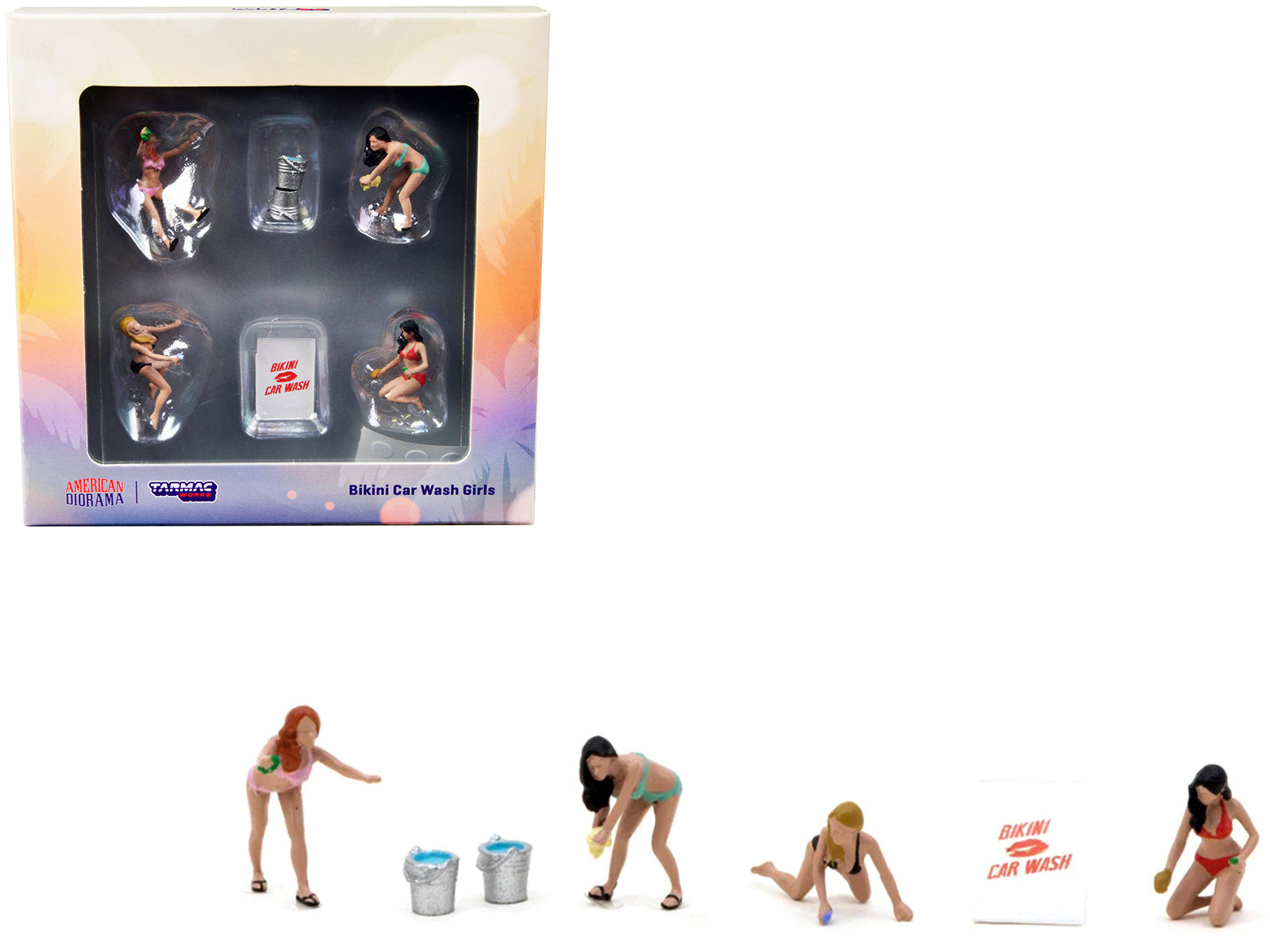 Brand new 1/64 scale diecast models of "Bikini Car Wash Girls" 6 Piece Diecast Figure Set (4 Figures and 2 Accessories) for 1/64 scale model