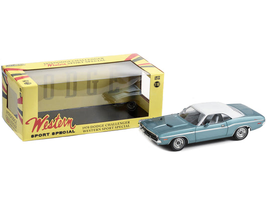 Brand new 1/18 scale diecast car model of 1970 Dodge Challenger Western Sport Special Light Blue Metallic with White Vinyl Top and White Int