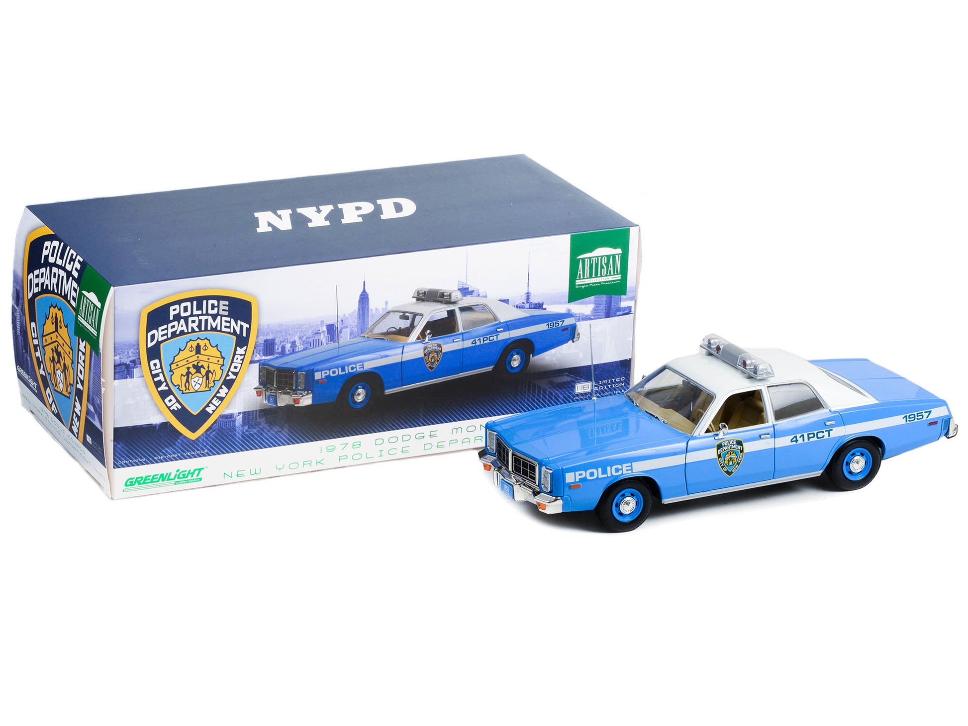 Brand new 1/18 scale diecast car model of 1978 Dodge Monaco Police Blue and White NYPD New York City Police Department Artisan Collection di