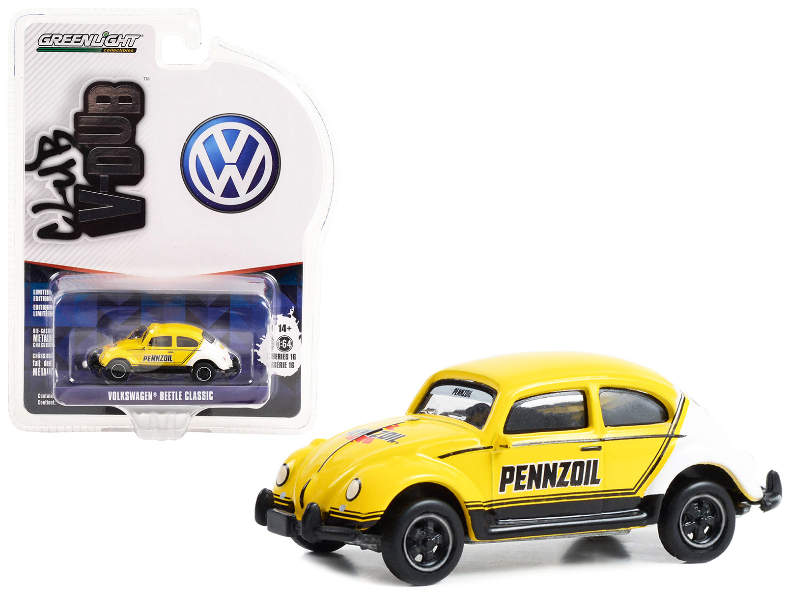 Brand new 1/64 scale diecast car model of Volkswagen Classic Beetle Yellow and White Pennzoil Racing Club Vee V-Dub Series 16 die cast model