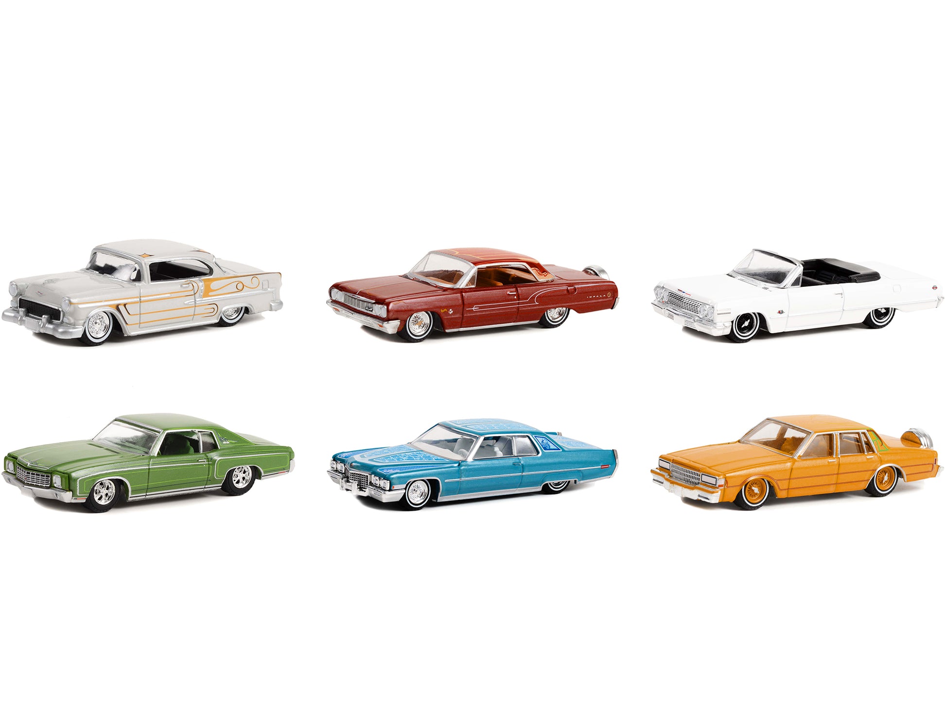 Brand new 1/64 scale diecast car models of California Lowriders Set of 6 pieces Series 2 die cast model cars by Greenlight.
Brand new boxes