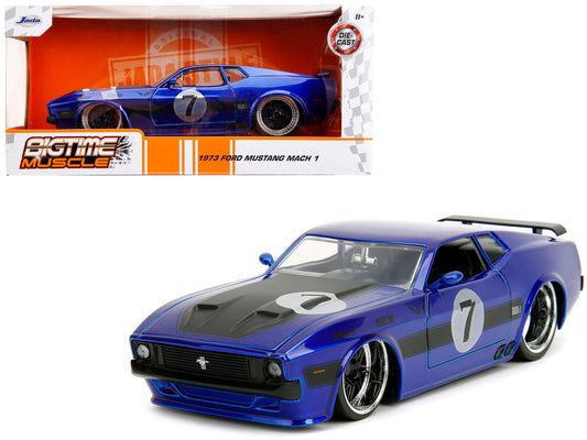 Brand new 1/24 scale diecast car model of 1973 Ford Mustang Mach 1 #7 Candy Blue Metallic with Black Stripes and Hood Bigtime Muscle Series 