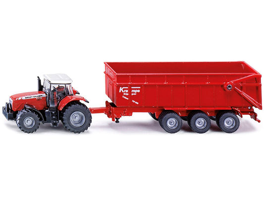 Brand new 1/87 HO scale diecast model of Massey Ferguson 8480 Dyna VT Tractor Red with Silver Top and Krampe Dump Trailer Red die cast model